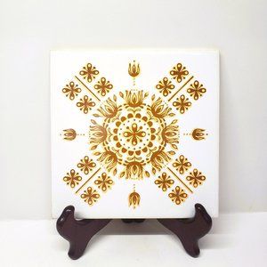 Japan FM Fish Brand 6" Tile Trivet Mustard Harvest Gold Retro Vintage Salvage